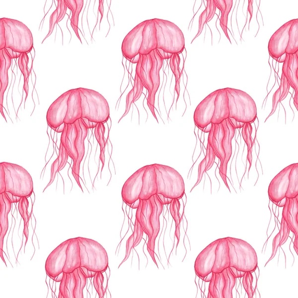 Jellyfish Pink Transparent Long Tentacles White Background Seamless Pattern Sea — Stockfoto