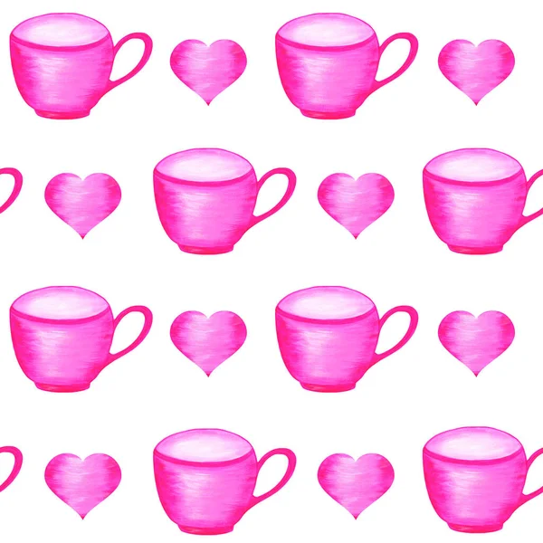 Pink Tea Cups Hearts White Background Seamless Pattern Watercolor Illustration — Stock Photo, Image