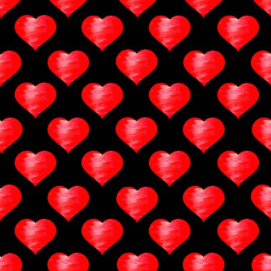 Siyah arka planda kırmızı kalpleri olan kusursuz bir desen. Suluboya çizimi. Sevgi. Sevgililer Günü. Kartpostal tasarımı için, kumaş üzerine baskı.