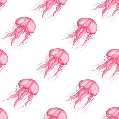 Beyaz arka planda pembe şeffaf denizanası olan kusursuz bir desen. Suluboya çizimi. Deniz hayatı. Kumaş ve duvar kağıdına baskı yapmak için.