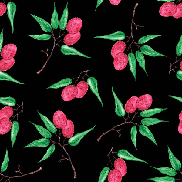 Dojrzały Różowy Liczi Jagoda Gałąź Zielony Liść Czarny Tło Ilustracja — Zdjęcie stockowe