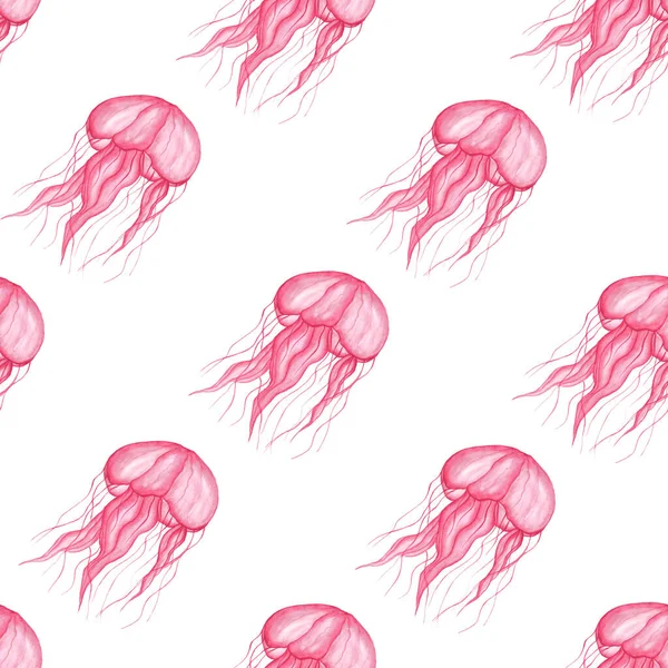 无缝隙图案 白色背景上有粉红色透明水母 水彩画 海洋生物 印在织物上的墙纸 — 图库照片
