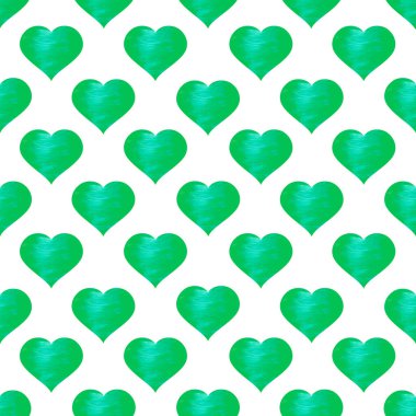 Kusursuz desenli, beyaz arka planda dokusu olan yeşil kalpler. Kartpostal tasarımı, ambalaj, kumaş baskısı için