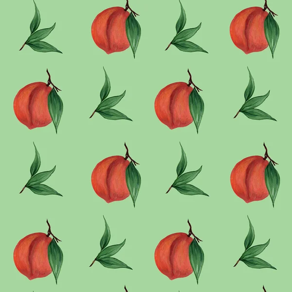 Heldere Perziken Nectarines Bladeren Een Lichtgroene Achtergrond Naadloos Patroon Aquarelillustratie — Stockfoto