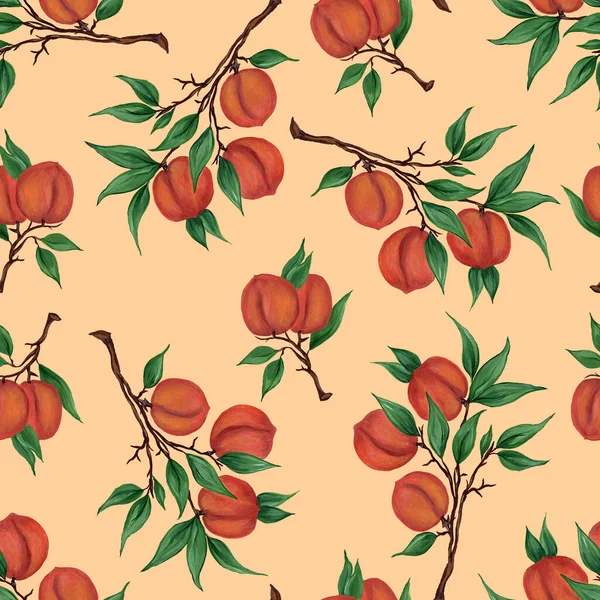 アプリコット 緑の葉を持つ枝のネクタリンの熟した果実を持つシームレスな秋 シームレスなパターン 水彩イラスト 収穫だ ベジタリアンフード 生地への印刷用 — ストック写真