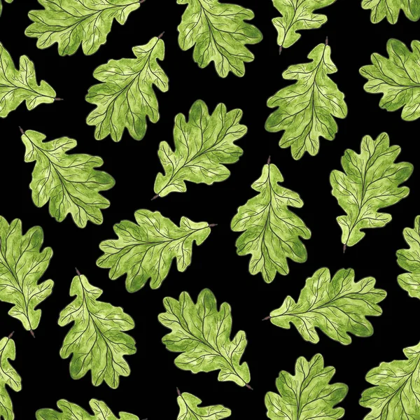 Бесшовный Узор Листьями Зеленого Дуба Черном Фоне Акварель Экология Природа — стоковое фото