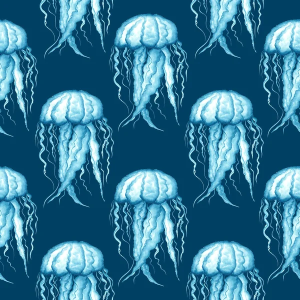 Medusas Transparentes Color Azul Claro Sobre Fondo Azul Oscuro Acuarela —  Fotos de Stock