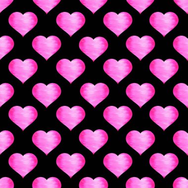 Siyah arka planda pembe kalpleri olan kusursuz bir desen. Suluboya çizimi. Kusursuz desen. Romantizm, aşk, Sevgililer Günü. Kumaş ve kartpostalların dizaynı için.