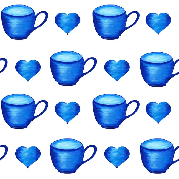 白を基調とした明るい青色のティーカップとハートのシームレスなパターン 水彩イラスト メニュー カフェ ファブリック印刷 パッケージ用 — ストック写真