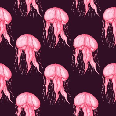 Pembe şeffaf denizanası olan kusursuz bir desen. Suluboya çizimi. Su altı dünyası. Kumaş üzerine baskı yapmak için.