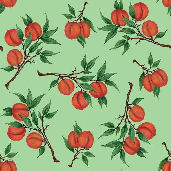 桃の果実とシームレスなパターン 緑の葉の枝にアプリコット 熱帯夏の果物 水彩イラスト 生地に印刷するためのパッケージデザイン — ストック写真