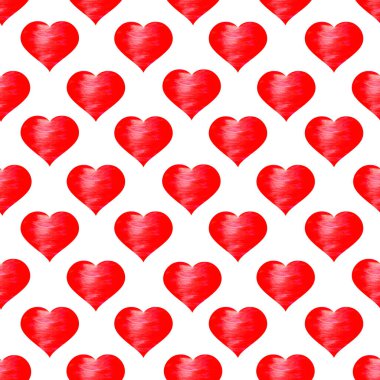 Beyaz arka planda parlak kırmızı suluboya kalpler olan kusursuz bir desen. Sevgi. Sevgililer Günü. Kart tasarımı, düğün davetiyeleri, kumaş baskısı..