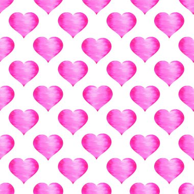 Beyaz arka planda dokusu olan parlak pembe kalpler. Suluboya kusursuz desen. Romantizm, aşk, Sevgililer Günü. Kumaş ve kartpostalların dizaynı için.