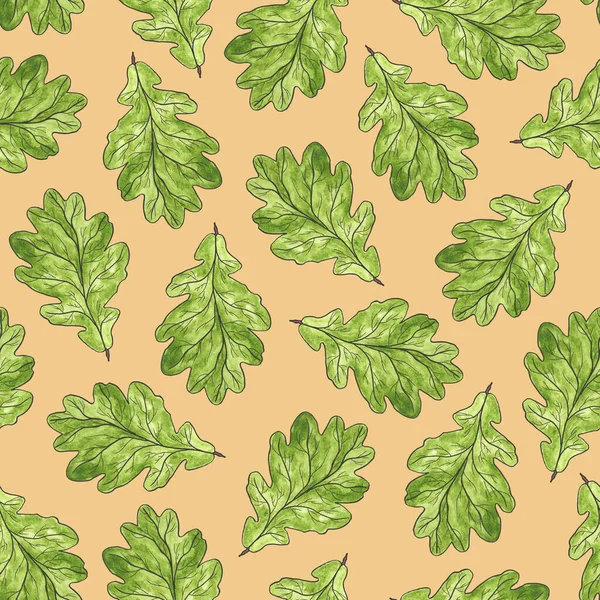緑のオークの葉はベージュの背景にあります シームレスなパターン 水彩イラスト ポストカードに印刷するため — ストック写真