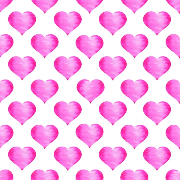Bright pink hearts with texture on a white background. Watercolor seamless pattern. Romance, love, Valentine\'s Day. For printing on fabric, design of postcards.