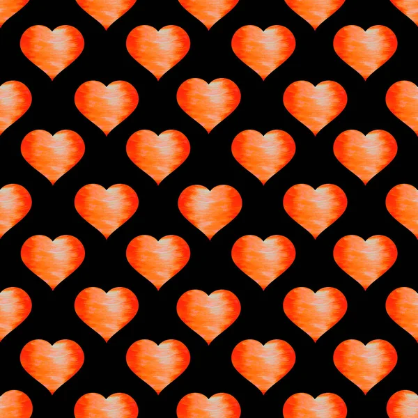 Corazones naranja brillante con textura sobre un fondo negro. Patrón sin costuras. Ilustración en acuarela. Para el diseño de envases, postales, impresión en tela. — Foto de Stock