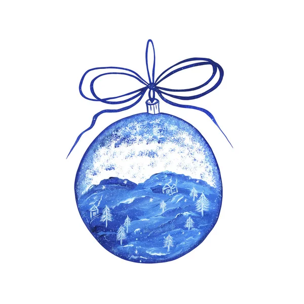 Boule de verre de Noël avec paysage hivernal et chutes de neige à l'intérieur. Isoler. Jouet d'arbre de Noël avec un arc dans les tons bleus. Aquarelle illustration dessinée à la main. — Photo