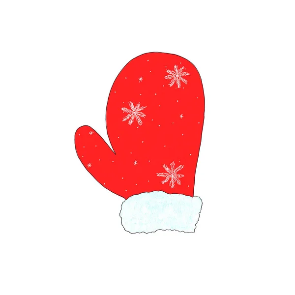 Mikołaje rękawiczki czerwony z płatków śniegu i futra izolowane na białym tle. Ikona. Symbol Bożego Narodzenia, Nowy Rok. Do projektowania pocztówek, opakowań. — Zdjęcie stockowe