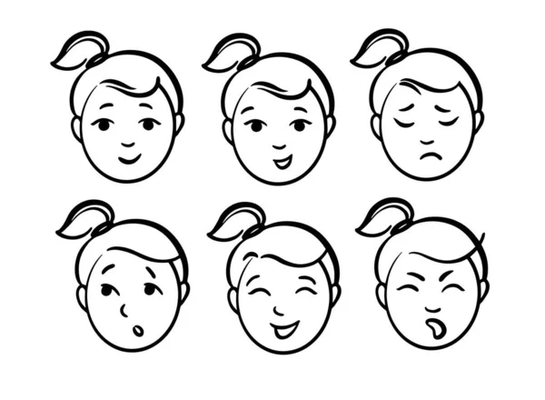 Mädchen mit unterschiedlichen Stimmungen. Gesichtszüge. — Stockvektor
