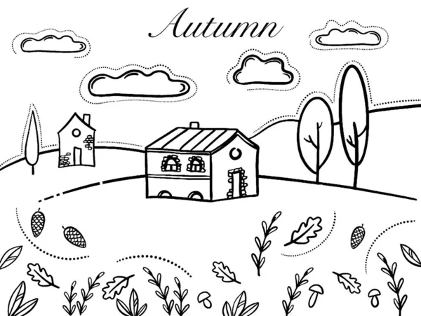Paysage d'automne, dessin linéaire. Feuilles d'automne tombant — Image vectorielle