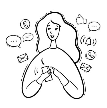 Akıllı telefonlu, el yapımı modern bir hayat. Telefonu olan genç bir kadın ihbarlara bakar. Telefon sembolleri, aramalar, mesajlar, beğeni. Elinde telefon tutan el çizimi bir kız.