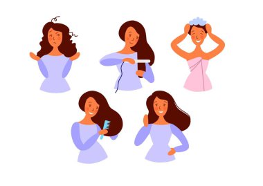 Saç bakımı. Güzel kız yıkanır, taranır, saçını düzeltir. Kadın saç bakımı prosedürleri uyguluyor. Düz biçim