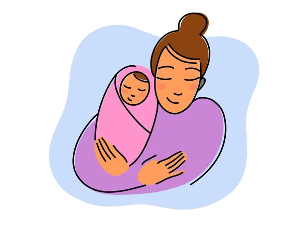 Ilustração para um logotipo, mãe com um bebê em seus braços. Criança recém-nascida. Desenho de linha colorida. A abraçar a família. Feliz Maternidade. Logotipo para cursos de preparação para o parto. Estilo de desenho animado bonito — Vetor de Stock