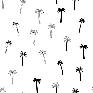 Palmiye ağaçları, el çizimi ve palmiye silueti ile tropik desenler, izole edilmiş ikon. Beyaz arkaplanda siyah vektör çizimi. 