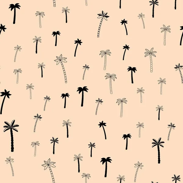Modello tropicale con palme, disegnato a mano e sagoma di palma, icona isolata. Disegno vettoriale nero su sfondo beige. — Vettoriale Stock