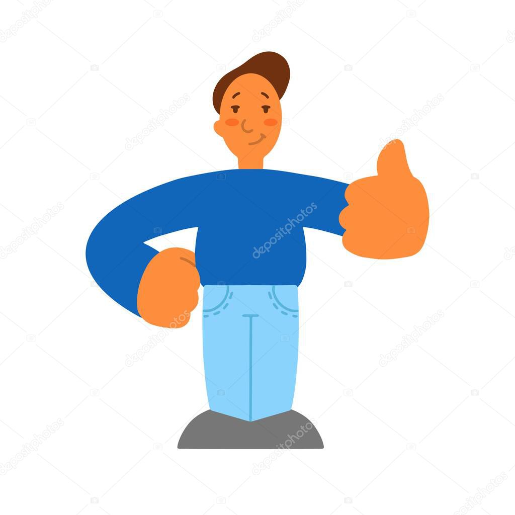 Flat style. Man with thumbs up, good mood gesture. Isolated icon. a disproportionate character with big hands. 