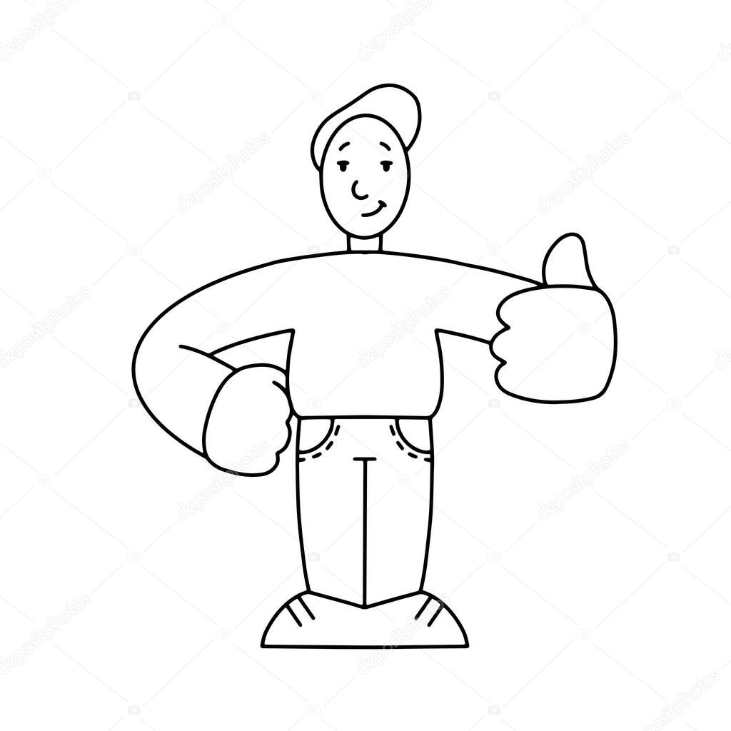 Line drawing. Man with thumbs up, good mood gesture. Isolated icon. a disproportionate character with big hands. 