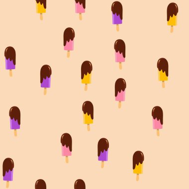 Çizgi filmdeki dondurmayla kusursuz desen. Lezzetli tatlılar. Çikolata kaplı renkli buzlu lolipop. bej arkaplan. 