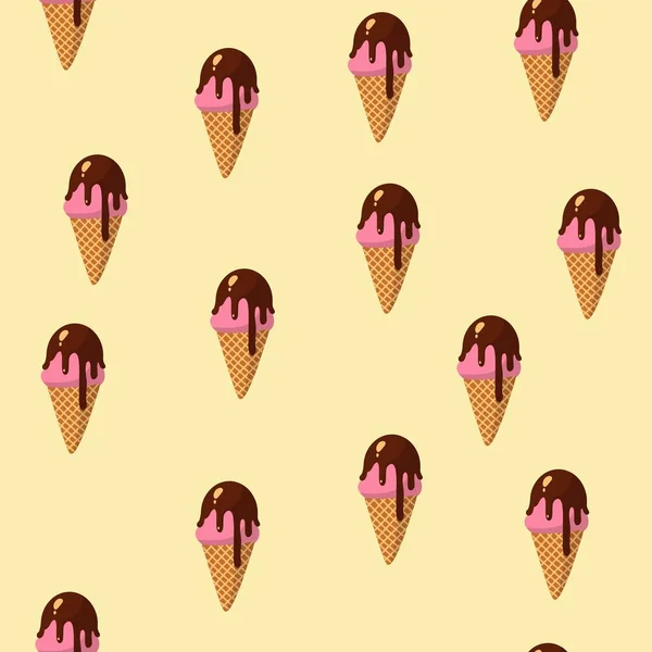 有卡通冰淇淋的无缝图案。美味的糖果。华夫饼筒，和粉红色冰淇淋与巧克力顶部釉面。米色背景 — 图库矢量图片