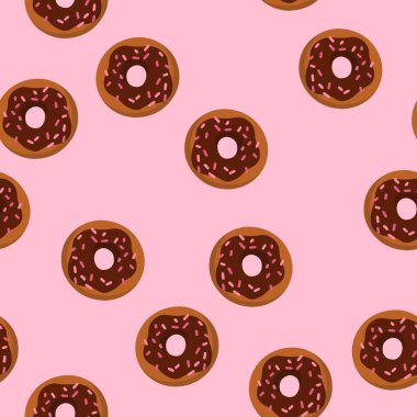 Çizgi film donutuyla kusursuz desen. Lezzetli tatlılar. pembe arka plan. Çikolata üstü jöleli. 