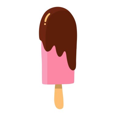 İzole edilmiş ikon, şirin çizgi film dondurması. Çikolata kaplı pembe buzlu lolipop. Çizgi film vektör illüstrasyonu.