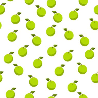 Kusursuz desenli, yapraklı yeşil elmalar. Beyaz arka plan. Çizgi film biçimi.