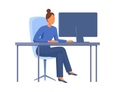 Çizgi film tarzı. Kadın monitöre yakından bakıyor. Ofis çalışanı. 