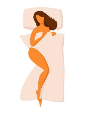 Kadın yatakta uyuyor. Çizgi film tarzı. Uzun, güzel saçları olan çekici, çıplak kadın.. 