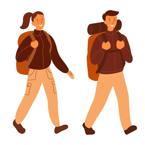 Flat style. Walking man and woman, tourists with a big backpack. Pastel colors. People go hiking. — Stock Vector