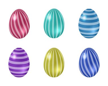 Gerçekçi paskalya yumurtaları, çizgili süslemeli parlak renkli yumurtalar. Festival dekorasyonu için 3d parlak ögeler
