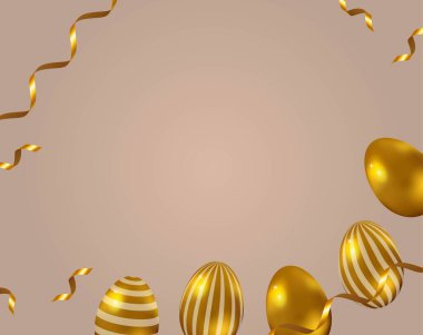 Paskalya bayrağı şablonu, tebrik kartı. 3D altın yumurtayla şenlikli arka plan, zarif bir tarz.. 