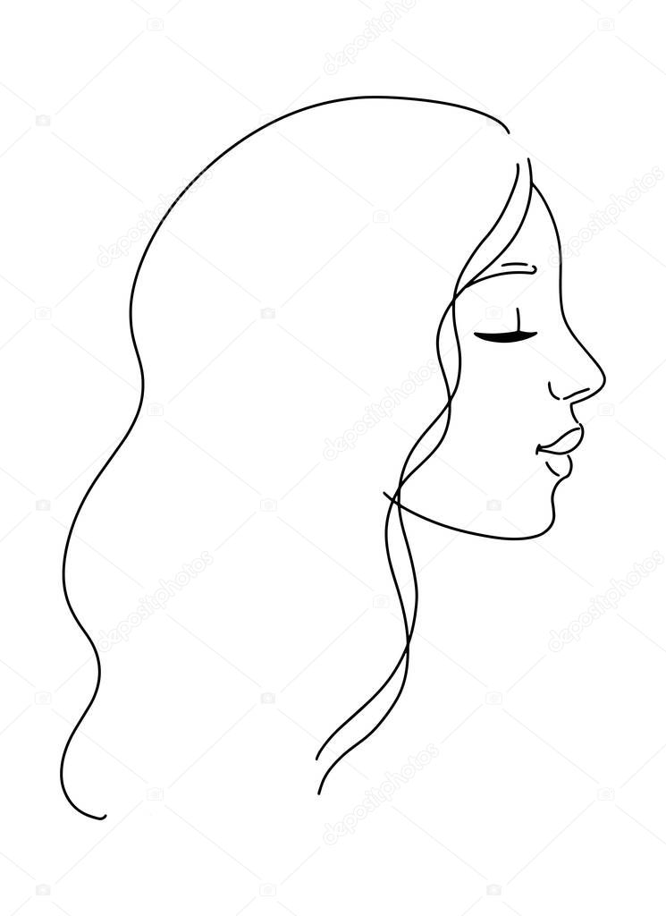 Line drawing, elegant portrait of young woman with closed eyes and curly hair. Logo for beauty products, hair salon. Attractive avatar. Profile portrait. Vector illustration