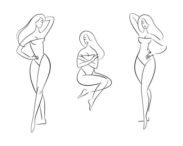 Line art, set of fashion sketches with women in swimsuits. Elegant model poses, beautiful nude girls posing sexy. — Stock Vector