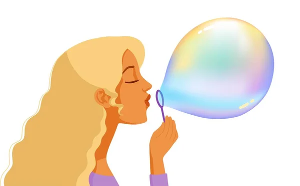 Mädchen bläst Seifenblasen, bunte Cartoon-Illustration. Porträt einer jungen attraktiven Frau mit großer Blase. — Stockvektor