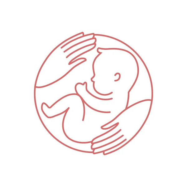Linje logotyp med baby och vårdande händer. Snygg logotyp för en prenatal eller reproduktiv klinik, graviditetsbroschyr, surrogatbyrå. Rund ram, elegant isolerad ikon. — Stock vektor