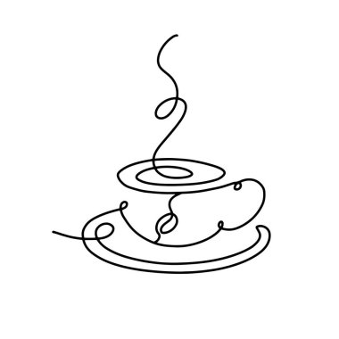 Bir bardak sıcak içecek, buharlı doğrusal kahve. El çizimi logo. Siyah beyaza