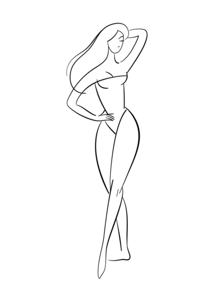 Line art, fashion sketch of woman in swimsuit. Elegant model pose, beautiful nude girl posing sexy. — Stock Vector