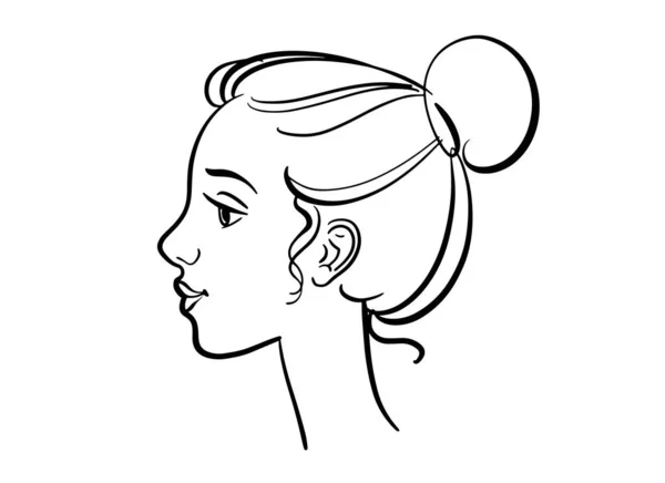 Retrato de perfil desenhado à mão de uma jovem mulher. Cabeça elegante. Esboço mínimo. Logotipo da linha — Vetor de Stock