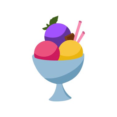 Çizgi film tatlısı. Zarif bir kase dondurma. Yaz menüsü için izole edilmiş simge. En küçük illüstrasyon