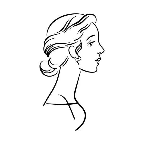 Retrato de perfil desenhado à mão de uma jovem mulher. Cabeça elegante. Esboço mínimo. Bun penteado encaracolado — Vetor de Stock